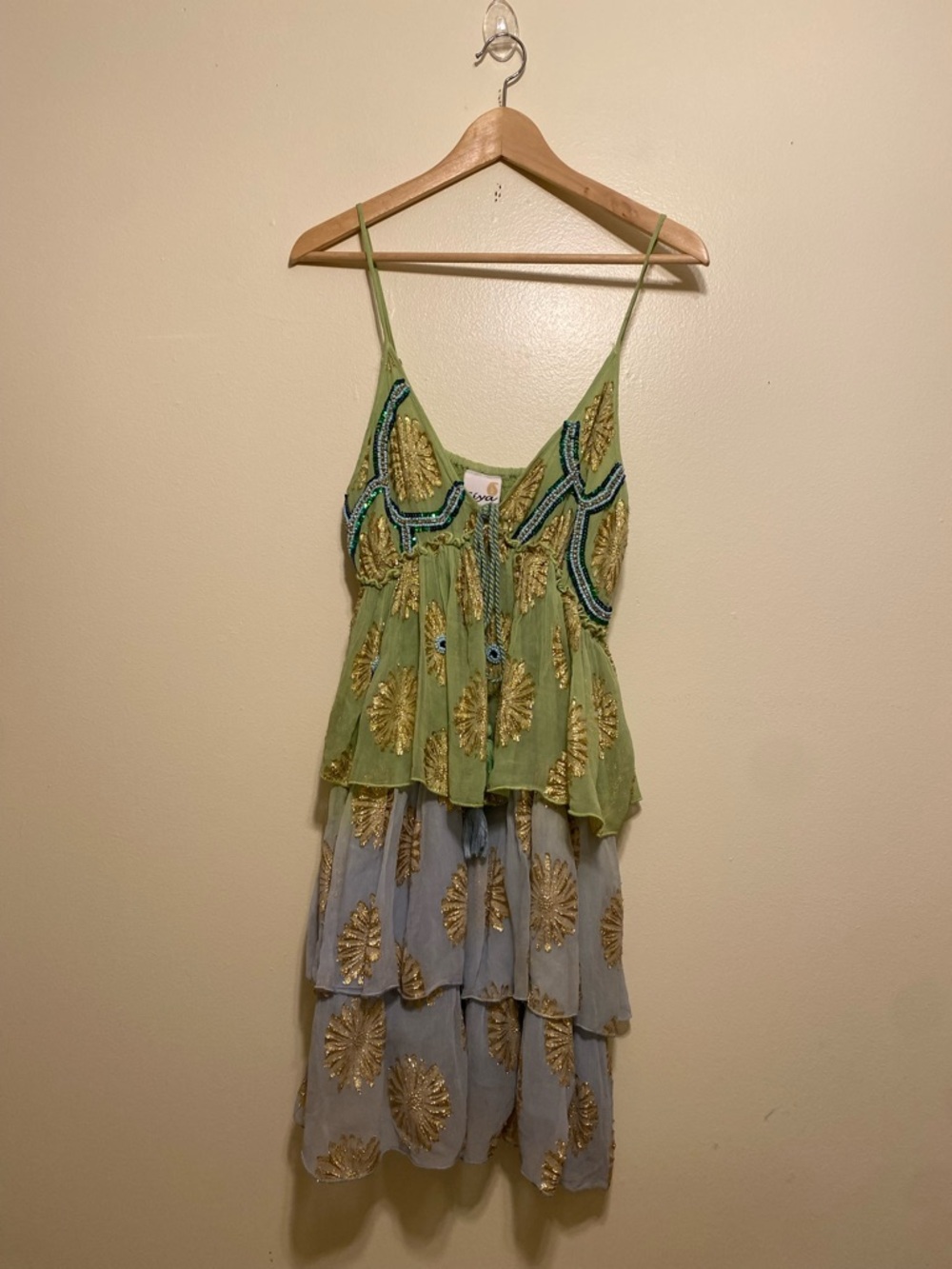 SIYA Embroidered Tiered Spaghetti Strap Dress in Green and Light Blue. Size S/M